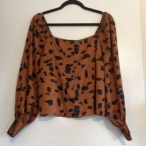Abstract leopard print silk button up blouse